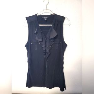 White House Black Market Womens Sleeveless Ruffled Black Button Blouse size XL
